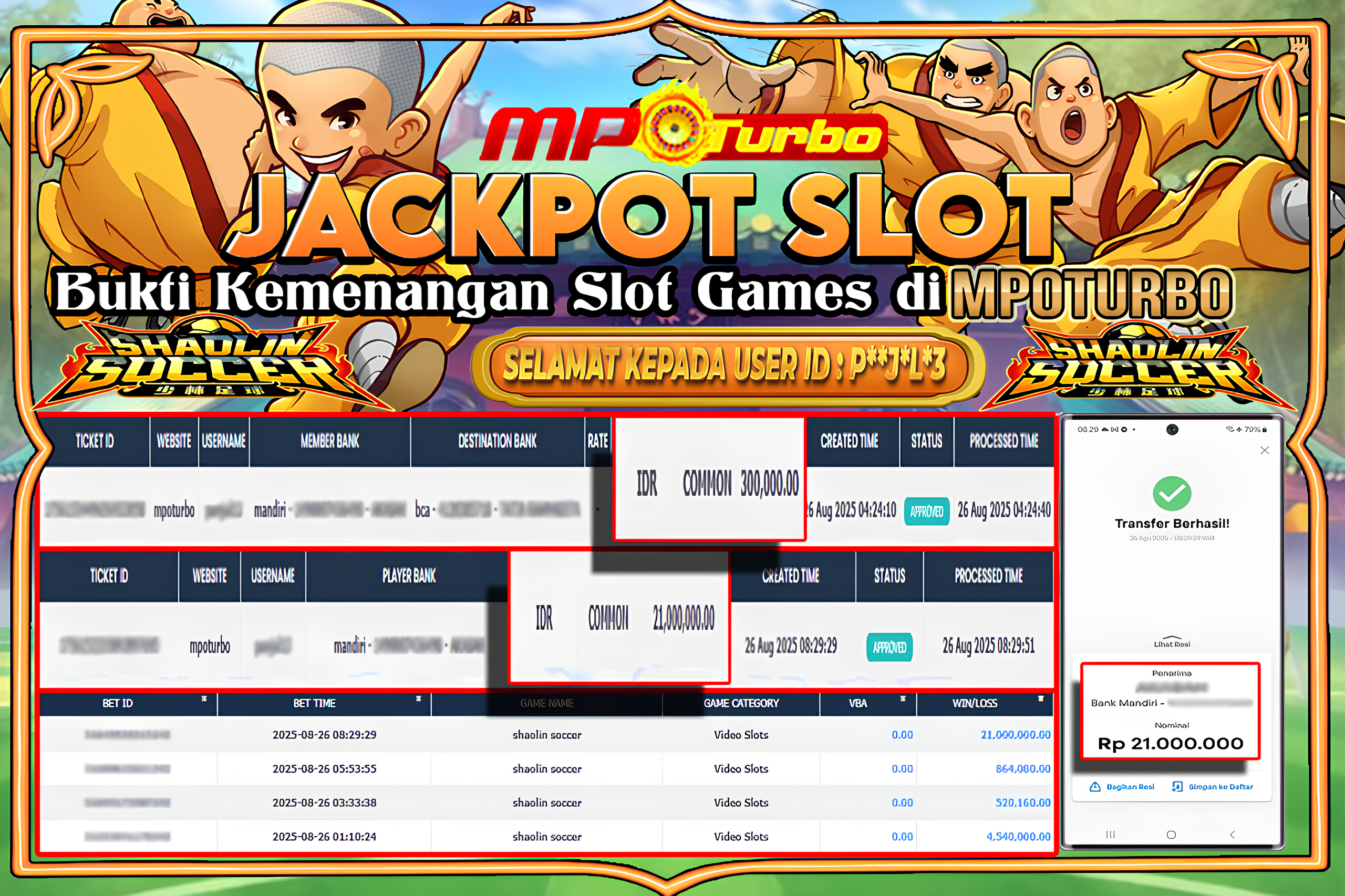 MPOTURBO JACKPOT SLOT SHAOLIN SOCCER - PG SOFT Rp 21,000,000.00,- LUNAS